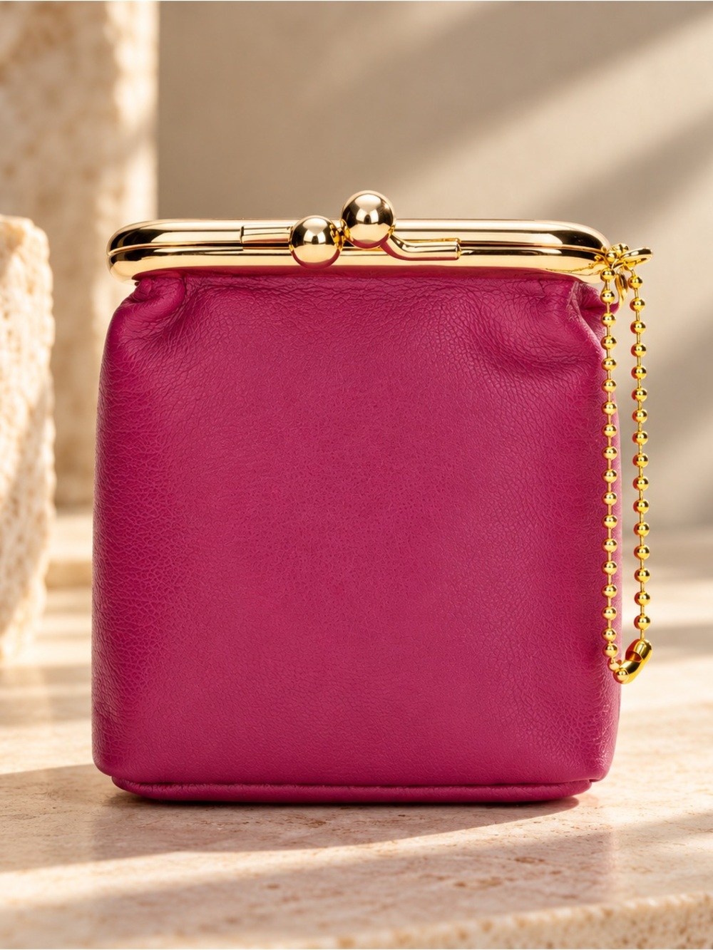 Magenta Pink Genuine Leather Coin Purse Gold Kiss Lock Mini Wallet